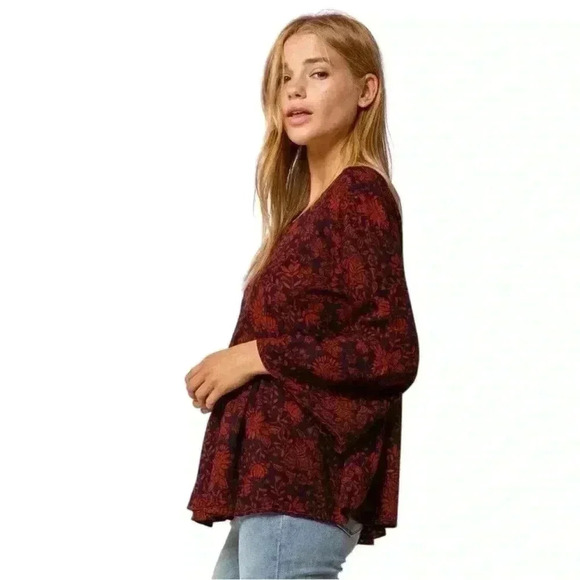 O’NEILL Lianne floral pleated babydoll top bell sleeves cobalt rust sz medium - Picture 5 of 14